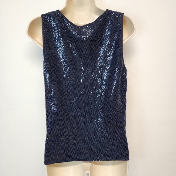 Carmen Marc Valvo Sequin Top Size M Blue Sleeveless Round Neck Evening Art Deco - Picture 3 of 13